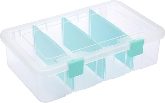 BTSKY Clear Plastic Dividing Storage Box with 4 Compartments Adjustable Storage Bin with Lid Plastic Craft Storage Container Multipurpose Sewing Box Art Supply Organizer, 13.3x8.1x3.4 Inches