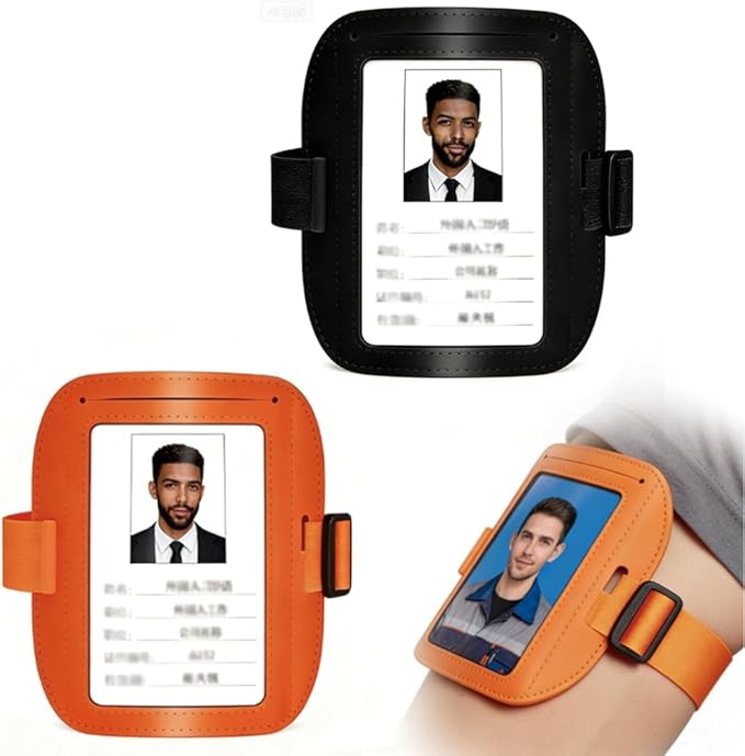 2 Pack Black and Orange Leather ID Badge Holder, Adjustable Arm Band, Waterproof Card Holder with Elastic Band for Work, Office, Ski Pass, Business Supplies