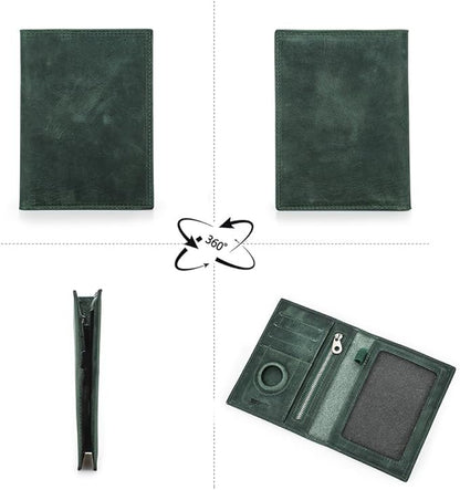 CONTACTS Full Grain Leather Passport Holder RFID Blocking Travel Passport Wallet Compatible with Airtag Passport Cover Case with 4 Cards Slots, Coin Pocket (Green)