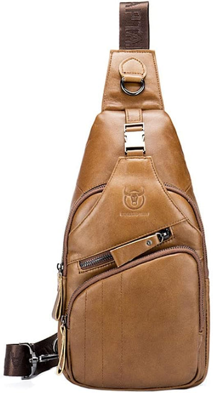 Hebetag Leather Sling Bag Crossbody Backpack for Men Women Outdoor Travel Shoulder Chest Pouch Hiking Camping Casual Pack Daypack (Light Brown)