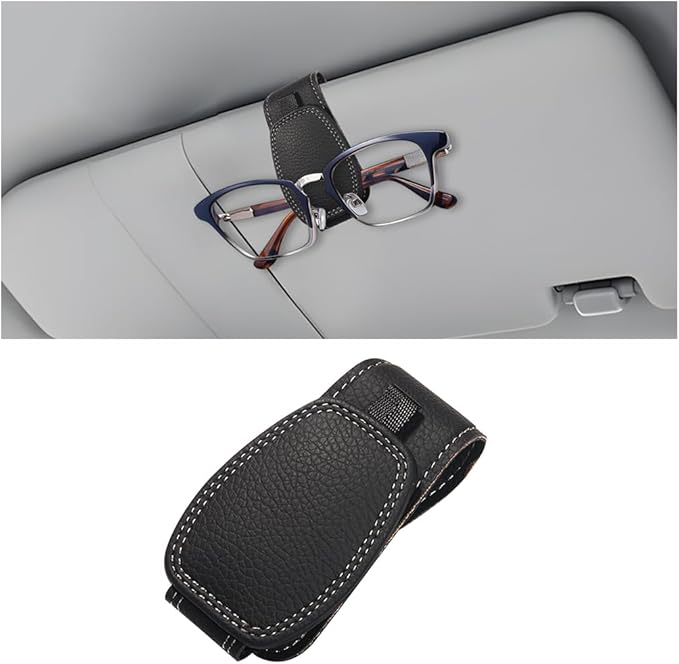 Zpana Sunglasses Holders for Car Sun Visor, Leather Magnetic Vehicle Sun Glasses Ticket Card Hanger Clip, Automotive Interior Eyeglass Mount Accessories, Universal for SUV Sedan Truck (Black)