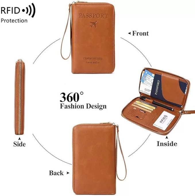 Multi-Functional RFID Passport Wallet,Travel Wallet for Men & Women,With zipper, anti-theft passport holder，Slim Leather Cover for Credit Cards, Tickets, Cash (Brown)