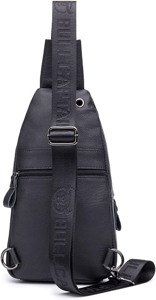Hebetag Leather Sling Bag Crossbody Backpack for Men Women Outdoor Travel Work Shoulder Chest Pouch Camping Casual Daypack Black 18cm(W) x8cm(D) x30cm(H)(7.08"x3.14"x11.81") approx;