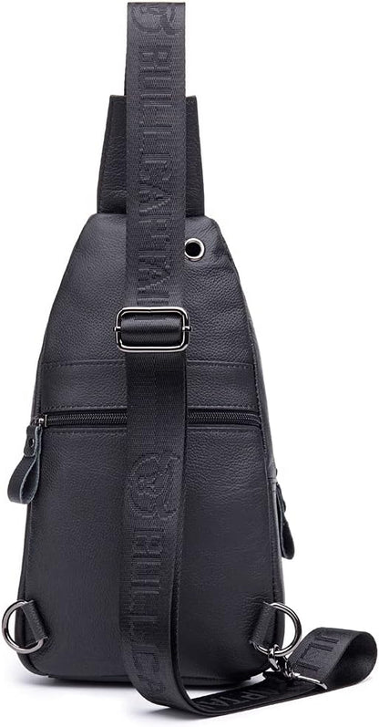 Hebetag Leather Sling Bag Crossbody Backpack for Men Women Outdoor Travel Work Shoulder Chest Pouch Camping Casual Daypack Black 18cm(W) x8cm(D) x30cm(H)(7.08"x3.14"x11.81") approx;