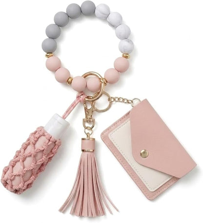BIHRTC Silicone Key Ring Bracelets Wristlet Keychain Wallet with Net Chapstick Holder for Women
