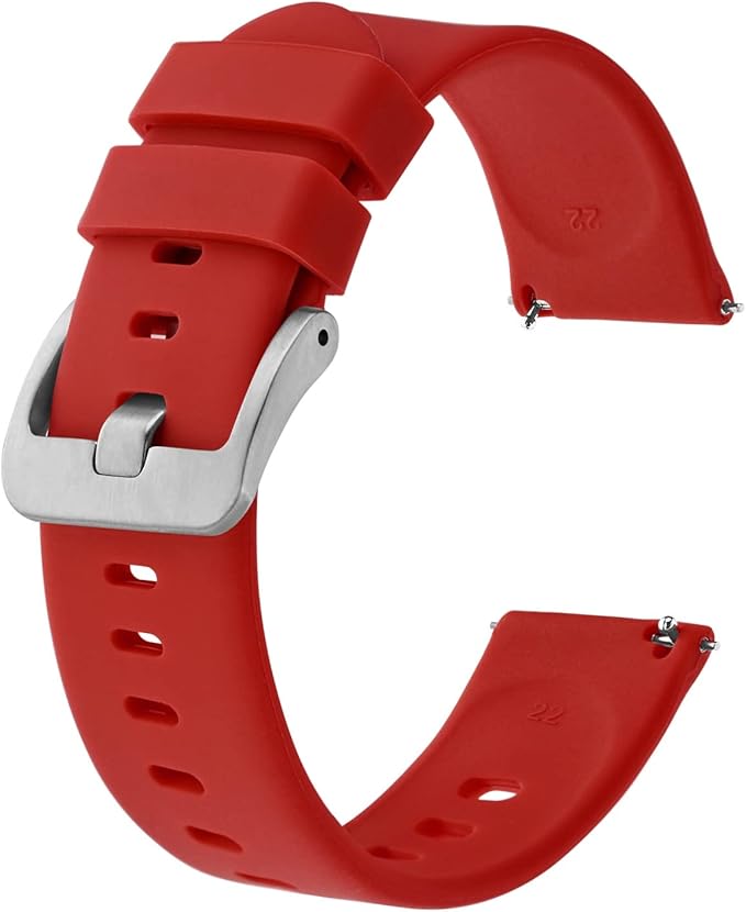 BISONSTRAP Silicone Watch Bands, Slim Watch Straps with Quick Release, 18mm, Red with Silver Buckle