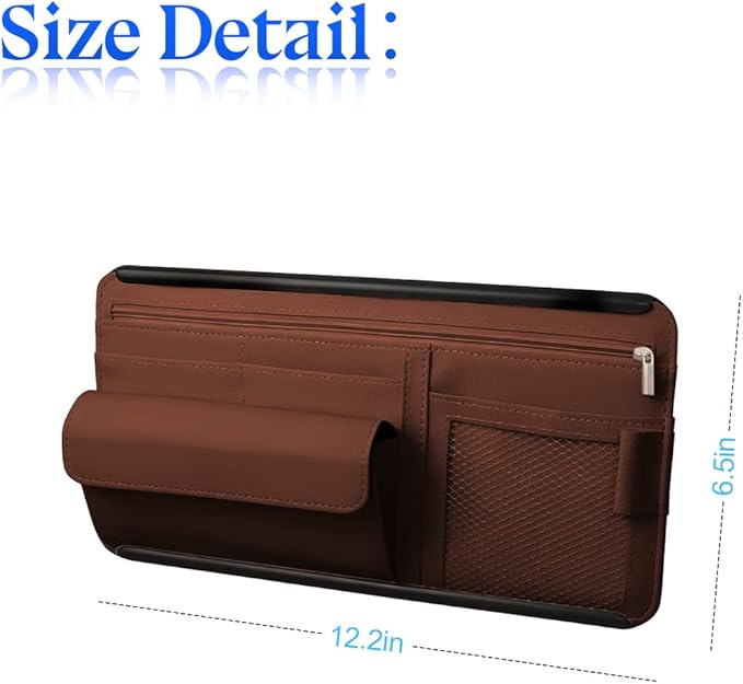 Car Sun Visor Organizer, Car Visor Pocket Wallet Pouch Holder, Vehicle Sunshade Glasses Case Storage Bag with Multi-Pocket Net Zipper, Auto Interior Accessories Universal for SUV Truck Van (Brown)