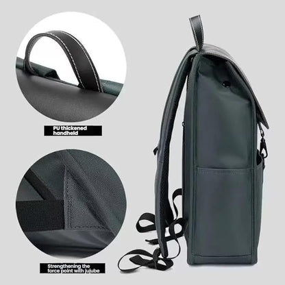 Multi-Compartment Laptop Backpack, PU Leather, Black, with Reinforced Handle and Multiple Storage Pockets