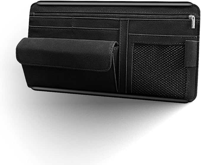 Car Sun Visor Organizer Glasses Case Storage Bag Note Holder Car Suede Zipper Card Hold Car Organizers and Storage (Black)