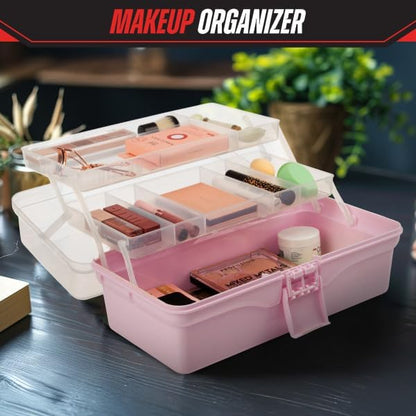 14” Plastic Tackle Box Organizer - 3-Layer Portable Sewing Box, Art Caddy, Craft Storage, First Aid Medicine Utility Toolbox or Hair Accessories Organizer with Latch and Handle by Stalwart (Pink)