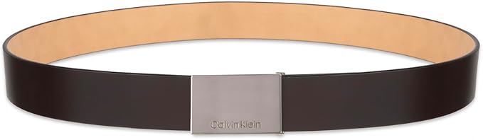 Calvin Klein Men's Plaque Buckle Belt - Casual Modern Style With Logo Detail for Jeans and Dress Pants