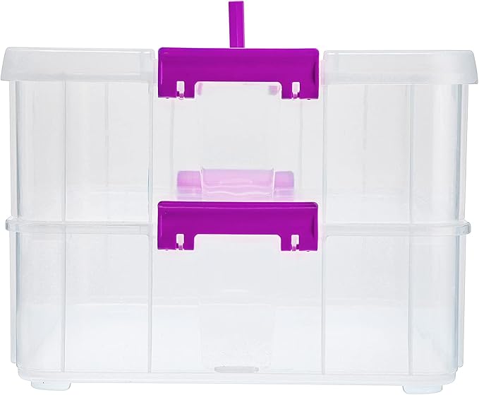 BTSKY 2 Layer Stack & Carry Box, Plastic Multipurpose Portable Storage Container Box Handled Organizer Storage Box for Organizing Stationery, Sewing, Art Craft, Jewelry and Beauty Supplies(Purple)