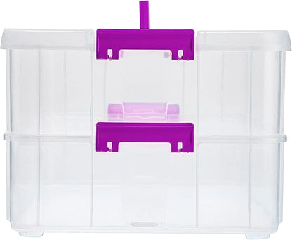 BTSKY 2 Layer Stack & Carry Box, Plastic Multipurpose Portable Storage Container Box Handled Organizer Storage Box for Organizing Stationery, Sewing, Art Craft, Jewelry and Beauty Supplies(Purple)