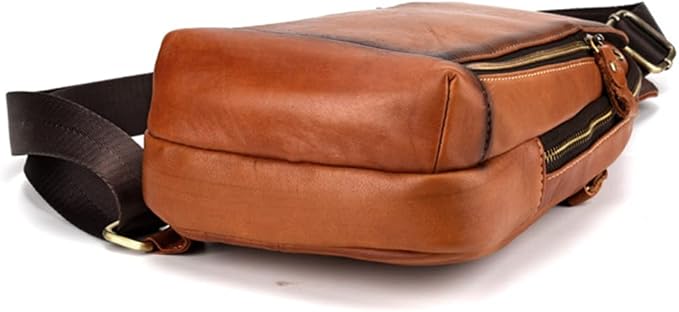 Leather Sling Bag Crossbody Backpack for Men Women Outdoor Travel Camping Hiking Shoulder Chest Day Pouch Casual Vintage Sling Daypack Yellow Brown
