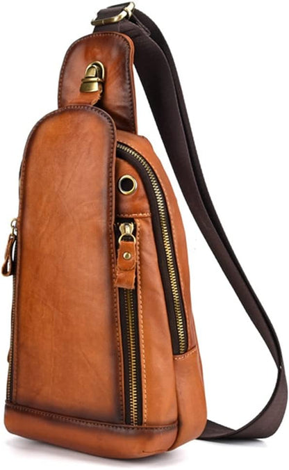 Leather Sling Bag Crossbody Backpack for Men Women Outdoor Travel Camping Hiking Shoulder Chest Day Pouch Casual Vintage Sling Daypack Yellow Brown