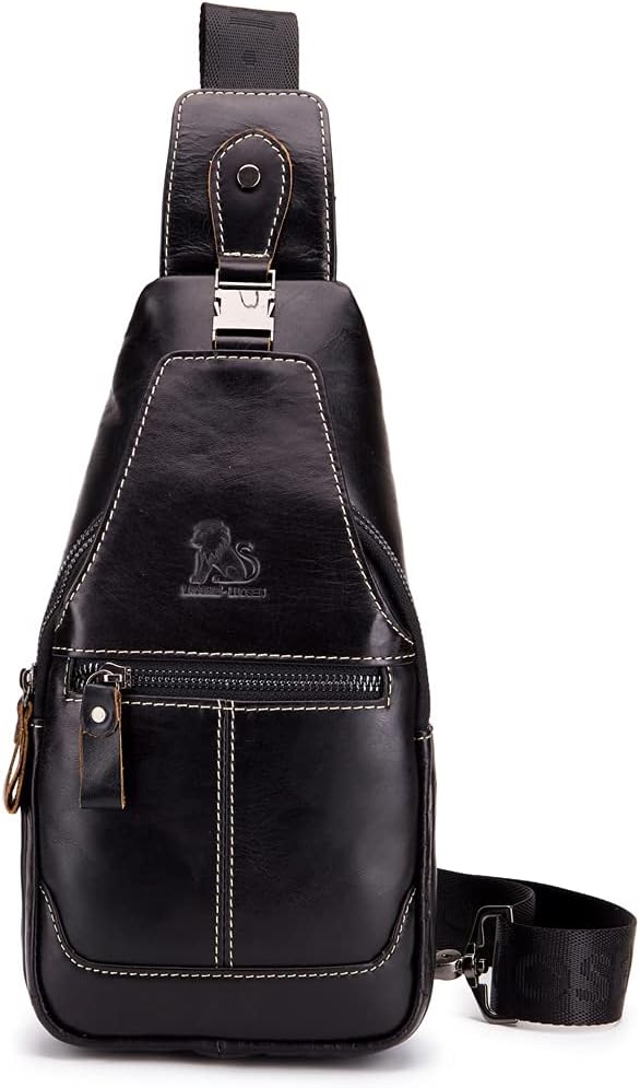 Hebetag Leather Sling Bag Crossbody Backpack for Men Women Outdoor Travel Camping Hiking Shoulder Chest Day Pack Casual Daypack, Black