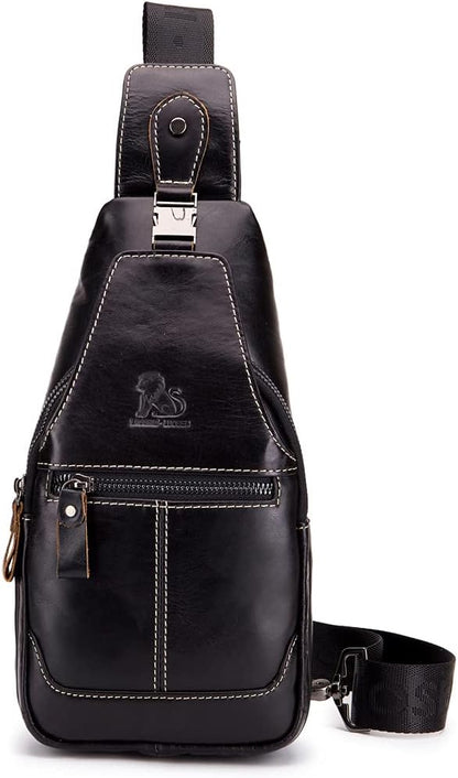 Hebetag Leather Sling Bag Crossbody Backpack for Men Women Outdoor Travel Camping Hiking Shoulder Chest Day Pack Casual Daypack, Black