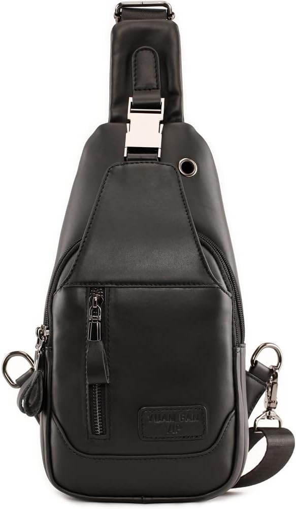 Hebetag Leather Sling Bag Hiking Daypack for Men Women Outdoor Travel Camping Fishing Crossbody Shoulder Chest Pack Daypack Small Black