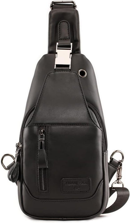 Hebetag Leather Sling Bag Hiking Daypack for Men Women Outdoor Travel Camping Fishing Crossbody Shoulder Chest Pack Daypack Small Black