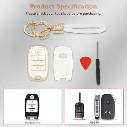 PIFOOG Key Fob Cover for Kia Optima Soul Sportage Sorento Forte Rio Niro Accessories Bling Keychain Soft TPU Car Keys Case Shell 4 Buttons Protector Girly Women Cute White Gold
