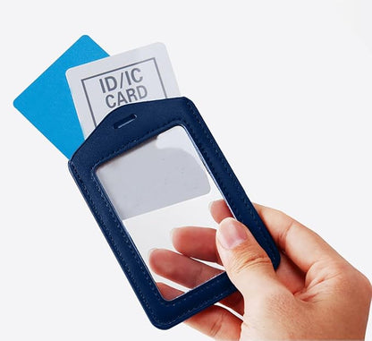 Larpur Vertical Badge Holders, PU Leather ID Card Cases with Double-Sided Clear Window, Pack of 2 Blue ID Holders for Work, School, Exhibition, Office