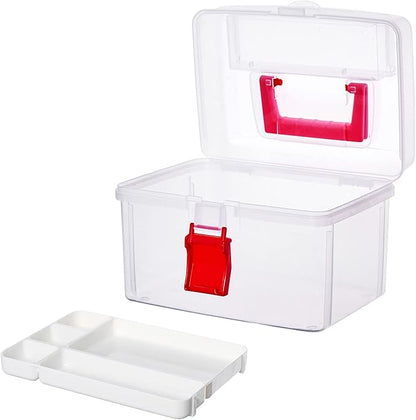 MyGift 10 Inch Premium Clear First Aid Bin with Detachable Tray and Quick Access Top Lid Flap, Portable Emergency Kit, Medical Supply Travel Tote, Medicine Storage Box Container (Red)