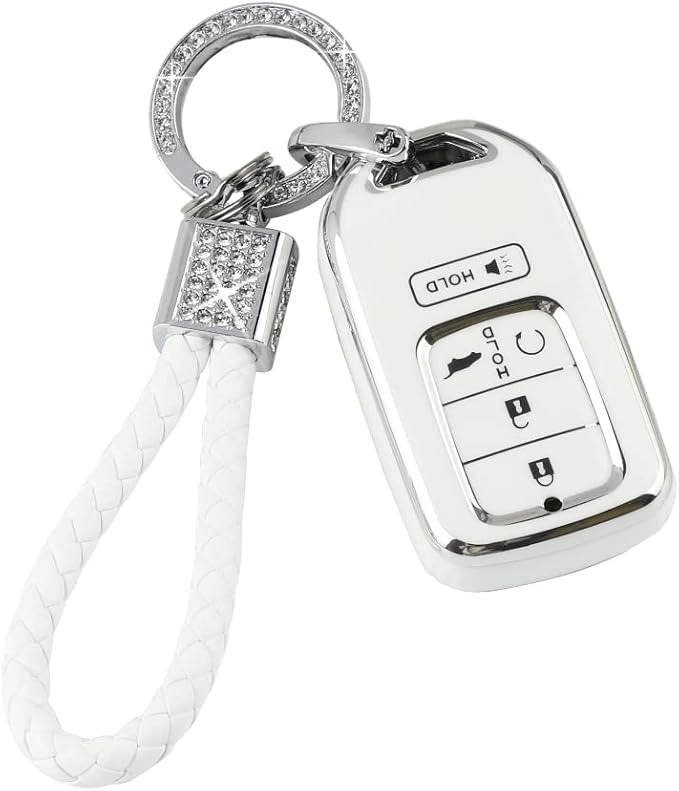 PIFOOG Key Fob Cover for Honda Accord Civic CRV Pilot Passport Insight Accessories White TPU 5 Buttons Smart Keys Case Shell Protector Bling Car Keychain Girly Women