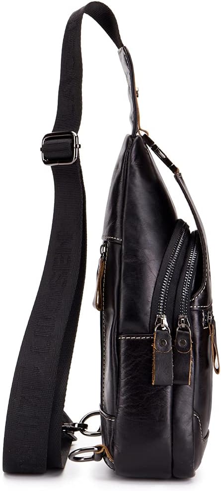 Hebetag Leather Sling Bag Crossbody Backpack for Men Women Outdoor Travel Camping Hiking Shoulder Chest Day Pack Casual Daypack, Black