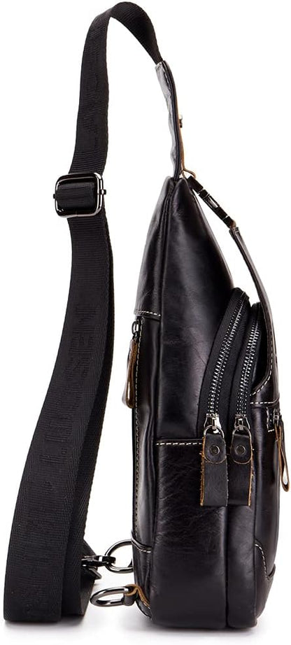 Hebetag Leather Sling Bag Crossbody Backpack for Men Women Outdoor Travel Camping Hiking Shoulder Chest Day Pack Casual Daypack, Black