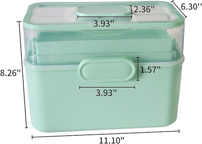 Portable Clear Medicine Box Empty, Family First Aid Dispenser/Art & Crafts Case/Folding Tool Organizer/Multipurpose Storage Container 3-Layers Storage Bin for Family Emergency (Green)
