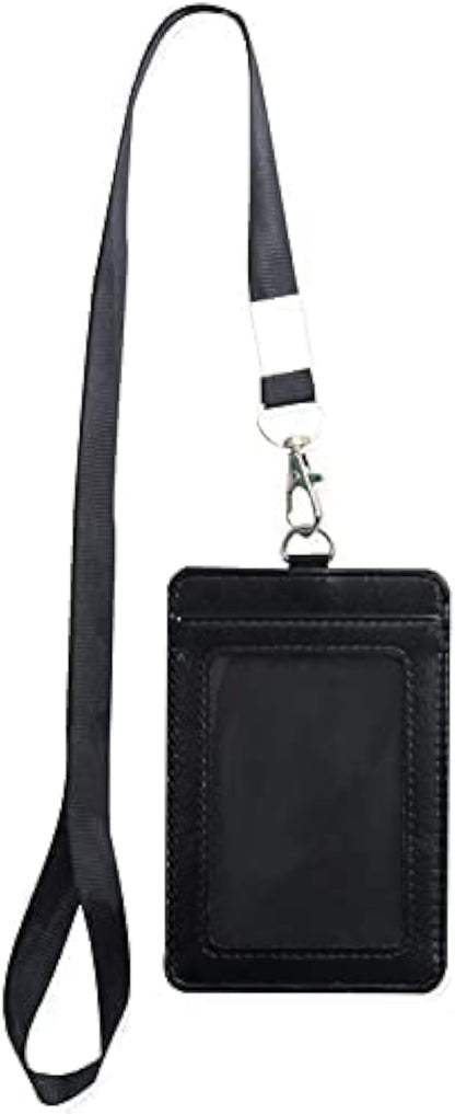 1 Badge Holder with Detachable Lanyard, Vertical PU Leather ID Badge Holder with 1 Clear ID Window & 1 Card Slot for Work, School, Metro & Access Cards (Black)