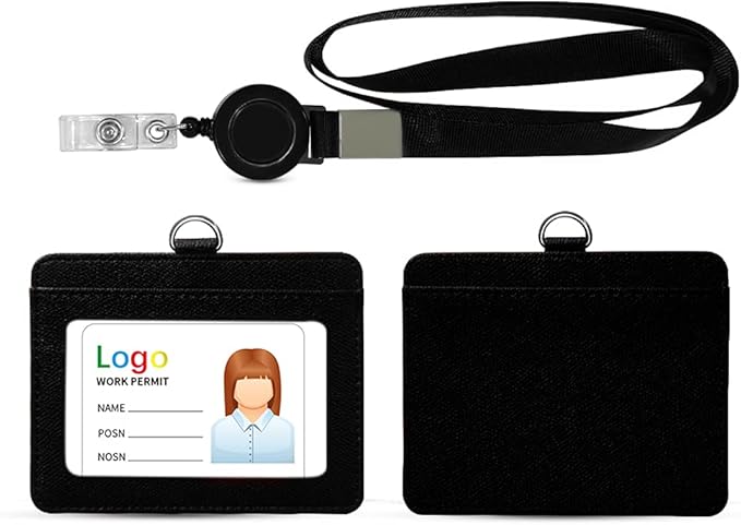 HYCOPROT ID Badge Holder with Lanyard Heavy Duty Retractable PU Leather Vertical Horizontal ID Card Holders with 1 Clear ID Window & 1 Credit Card Slot for Office School Licence (Horizontal, Black)