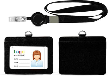 HYCOPROT ID Badge Holder with Lanyard Heavy Duty Retractable PU Leather Vertical Horizontal ID Card Holders with 1 Clear ID Window & 1 Credit Card Slot for Office School Licence (Horizontal, Black)