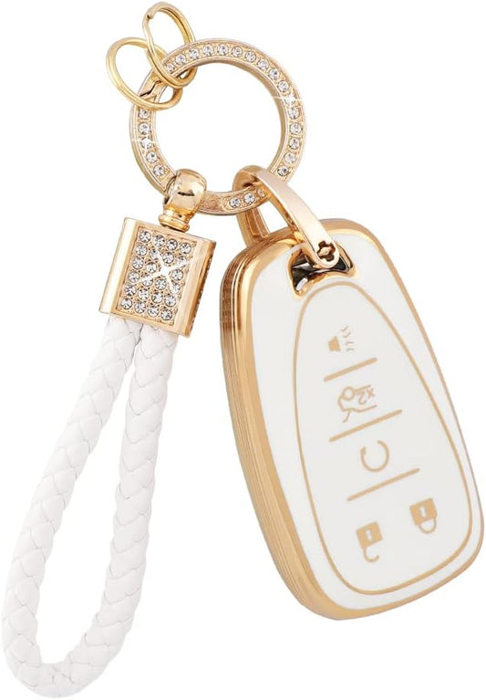 PIFOOG Key Fob Case for Chevy TPU 5 Button Keys Cover Shell Glittering Car Keychain for Malibu Equinox Trax Camaro Blazer Traverse Trailblazer Spark Girly Cute White Gold