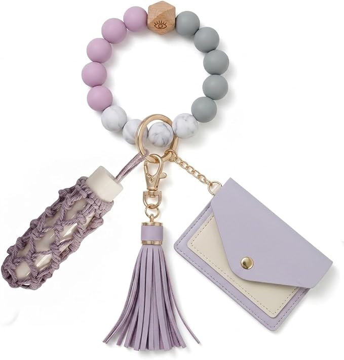BIHRTC Silicone Key Ring Bracelets Wristlet Keychain Wallet with Net Chapstick Holder for Women