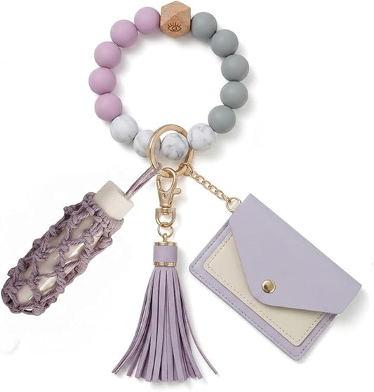 BIHRTC Silicone Key Ring Bracelets Wristlet Keychain Wallet with Net Chapstick Holder for Women