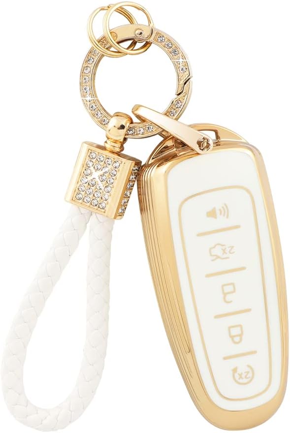 PIFOOG Key Fob Cover for Ford 5 Button Car Key Shell Case Glitter Keychain for Ford Edge Explorer Expedition Focus Taurus Escape C-Max Lincoln Smart Keys White Gold Girly Cute