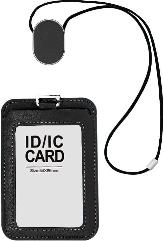 Larpur Retractable Badge Holder, PU Leather Work ID Card Holder Case for School Office, Key Card Credit Card Holders with Badge Reel Detachable Lanyard (Black)