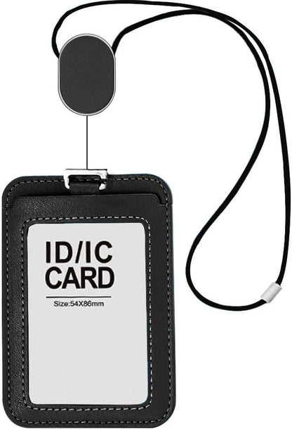 Larpur Retractable Badge Holder, PU Leather Work ID Card Holder Case for School Office, Key Card Credit Card Holders with Badge Reel Detachable Lanyard (Black)