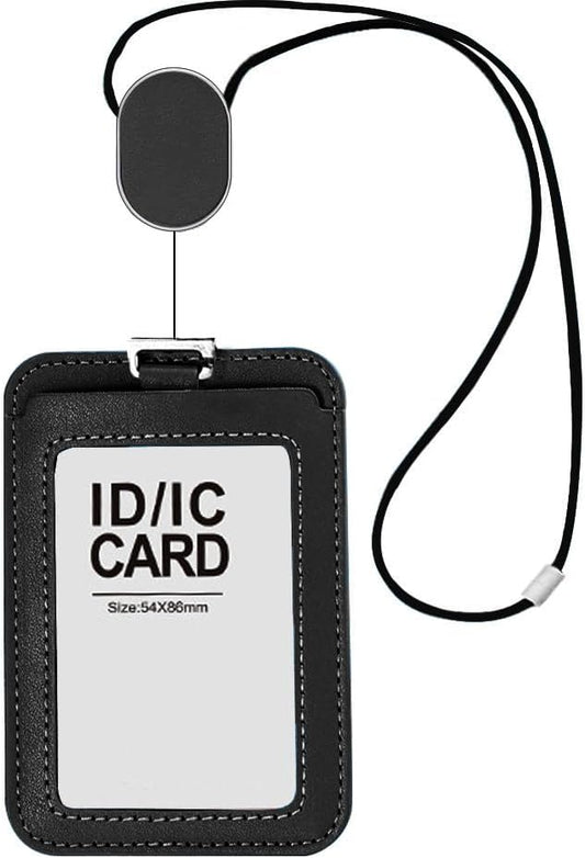 Larpur Retractable Badge Holder, PU Leather Work ID Card Holder Case for School Office, Key Card Credit Card Holders with Badge Reel Detachable Lanyard (Black)