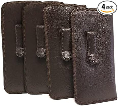 Calabria Soft Slip-In Glasses Case Pocket Metal Clip Brown (4 Pack) for Men/Women Synthetic Leather Felt Lining 6.5"x3"