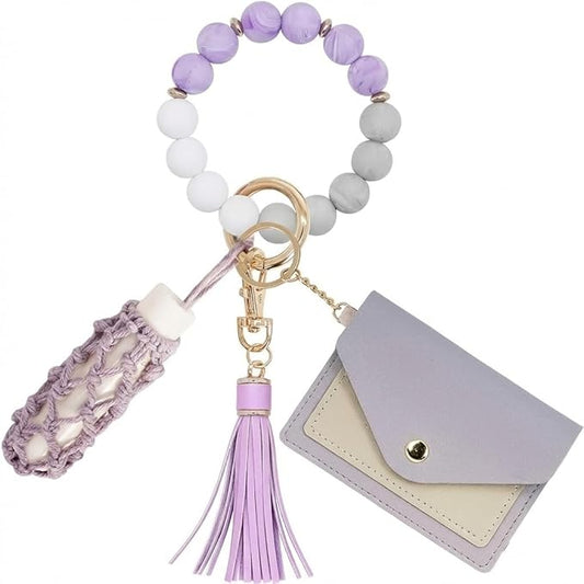 BIHRTC Silicone Key Ring Bracelets Wristlet Keychain Wallet with Net Chapstick Holder for Women