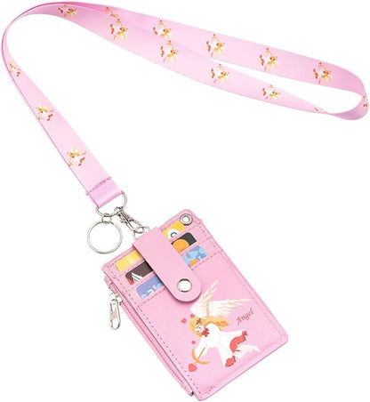 HASFINE ID Badge Holder with Cute Angel Character Design PU Leather ID Card Wallet, 2-Sided 5 Card Slots, Zippered Pocket, Detachable Keychain Lanyard for Teachers, Students, Nurses, Office Staff