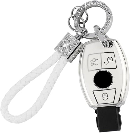 PIFOOG for Mercedes Key Fob Cover 3 Buttons Soft TPU Keys Protector Bling Keychain for Mercedes Benz C E M S CLS CLA GLK GLA GLC GLE AMG Class Girly Cute White Silver