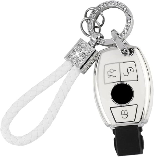 PIFOOG for Mercedes Key Fob Cover 3 Buttons Soft TPU Keys Protector Bling Keychain for Mercedes Benz C E M S CLS CLA GLK GLA GLC GLE AMG Class Girly Cute White Silver