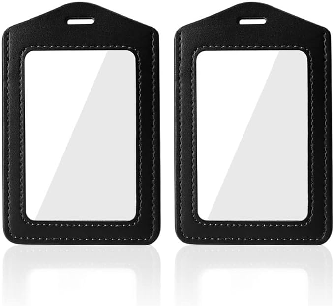 Larpur 2 Pack Leather Badge Holders, Double Sided Clear ID Badge Holder Vertical Card Holders for Work, School, Office (Black)