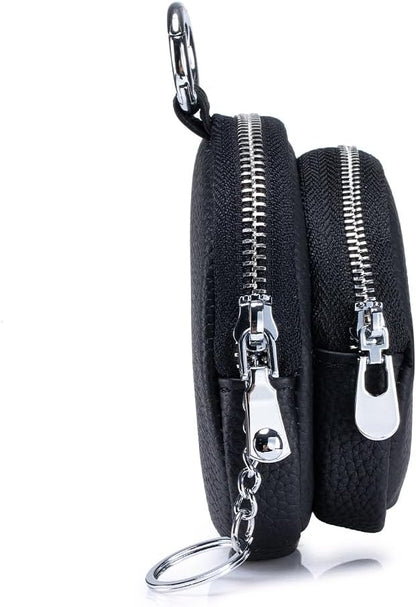Genuine Leather Coin Purse with Keychain Clip Dual Zipper Mini Wallet Small Cute Pouch for Women & Men Compact Card Holder Wallet Key Holder (Black)