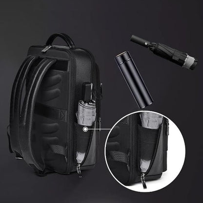 CHAO RAN Leather Laptop Backpack for Men Fit 15.6 Inch Laptop, Business Work Office College Medium Backpack with USB Charging Port, Waterproof Black Travel Bag (Black03)
