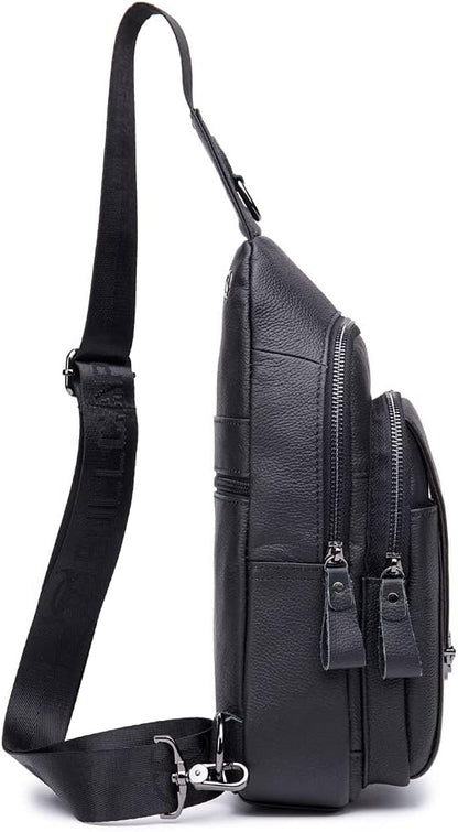 Hebetag Leather Sling Bag Crossbody Backpack for Men Women Outdoor Travel Work Shoulder Chest Pouch Camping Casual Daypack Black 18cm(W) x8cm(D) x30cm(H)(7.08"x3.14"x11.81") approx;