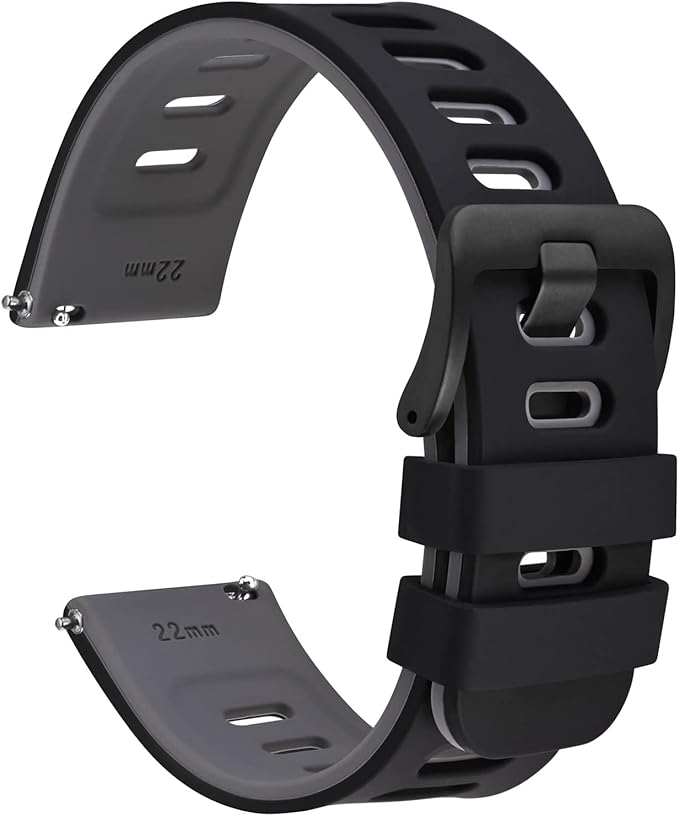 WOCCI 18mm Bicolor Watch Band, Silicone Rubber, Quick Release Replacement Strap for Men and Women, Black Stainless Steel Buckle (Black-Grey)